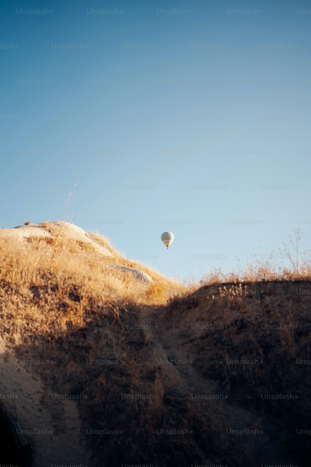 a hot air balloon flying over a dry grass covered hillside