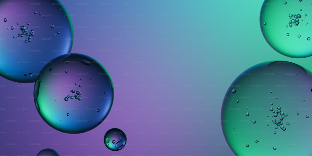 Un grupo de burbujas flotando sobre un fondo azul y púrpura