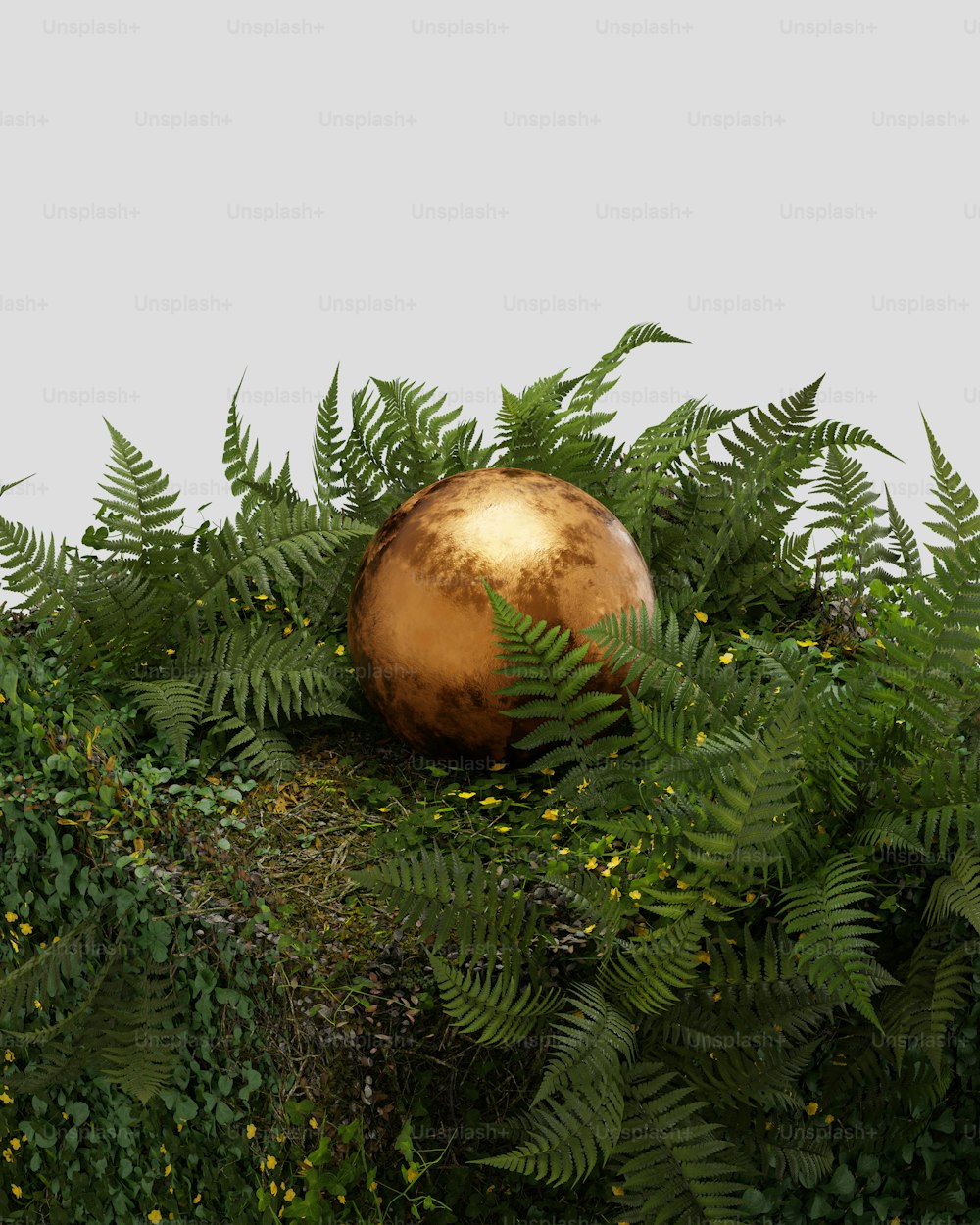 a golden ball sitting on top of a lush green forest