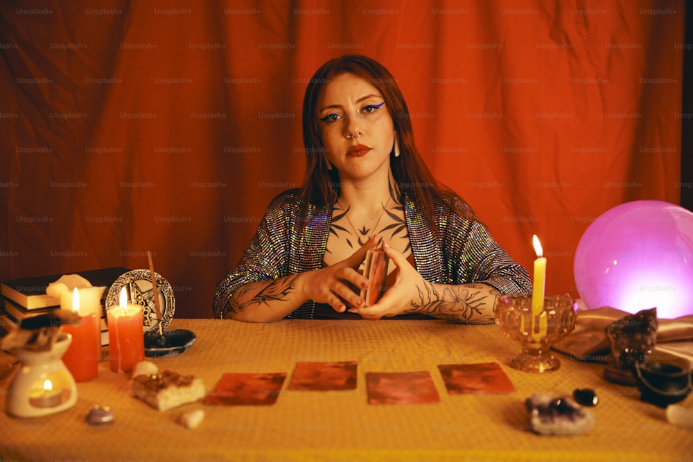 Eine Frau, die an einem Tisch sitzt, umgeben von Kerzen