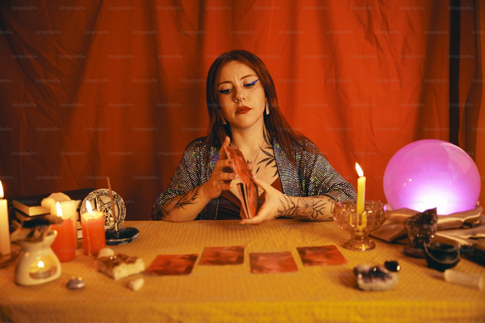 Una mujer sentada en una mesa rodeada de velas
