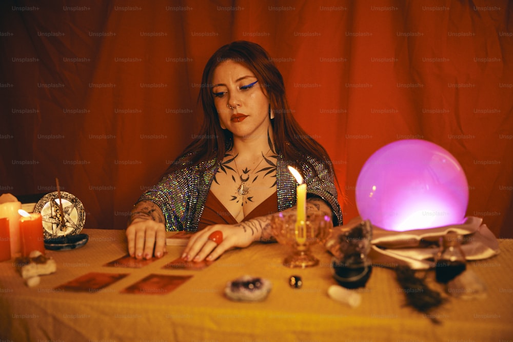 una donna seduta a un tavolo con una candela accesa