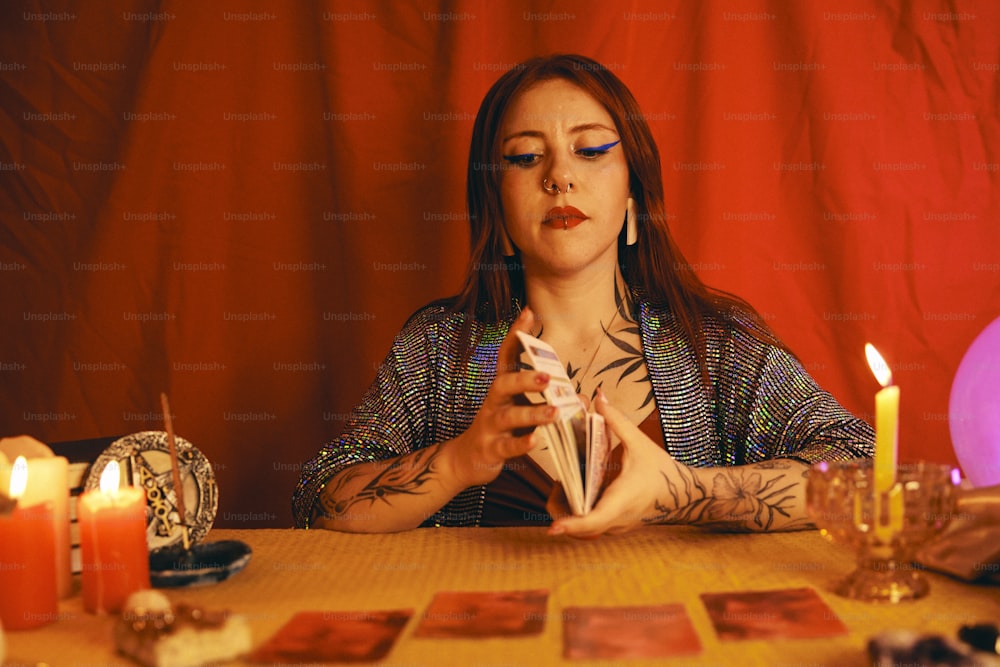 a woman sitting at a table holding a piece of paper