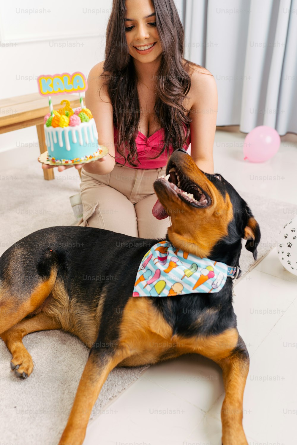 a woman kneeling down next to a dog with a birthday cake