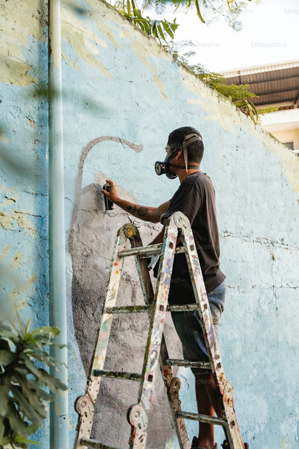 Un uomo su una scala che dipinge un muro