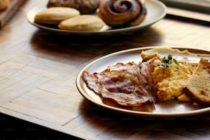 a plate of breakfast food on a table