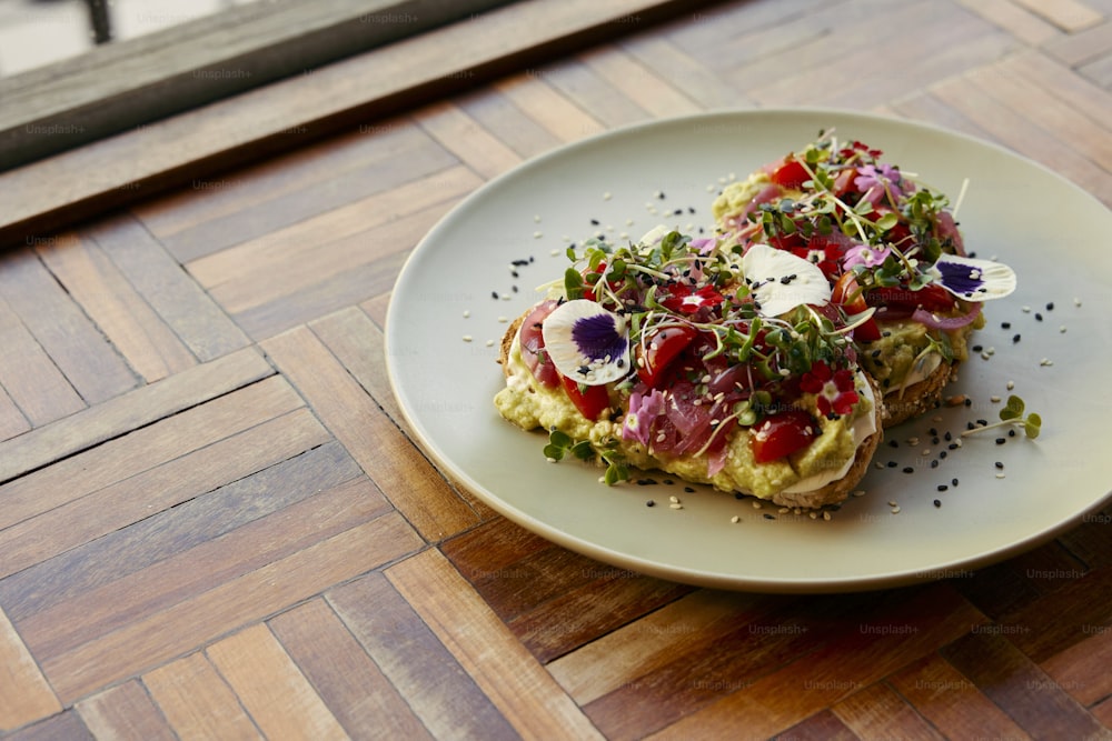 a plate of food on a wooden table