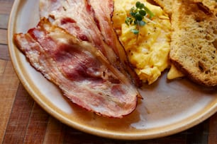 a plate of breakfast food on a wooden table