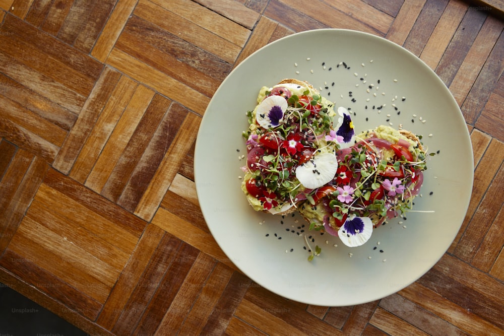 a plate of food on a wooden table