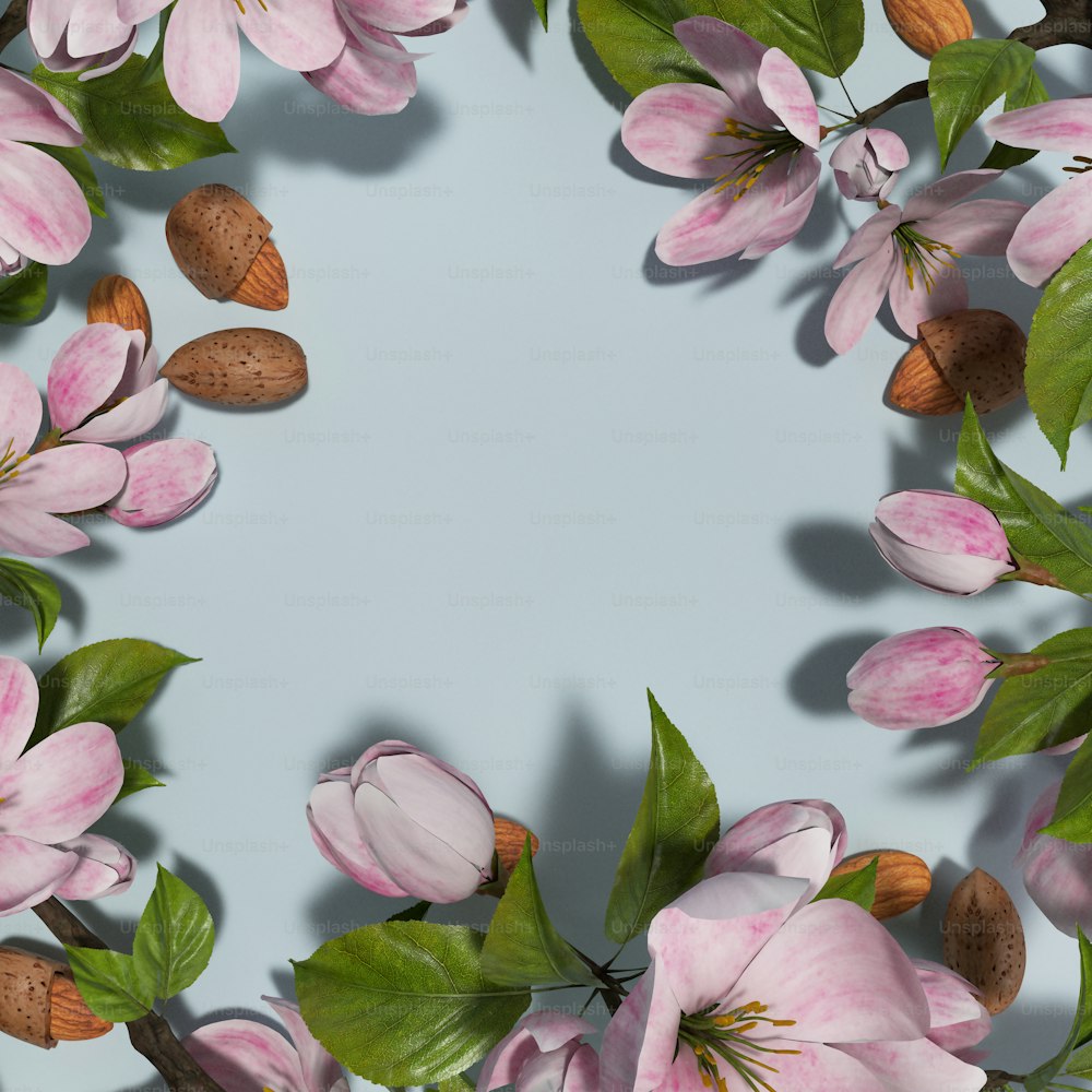 a bunch of pink flowers with leaves and nuts