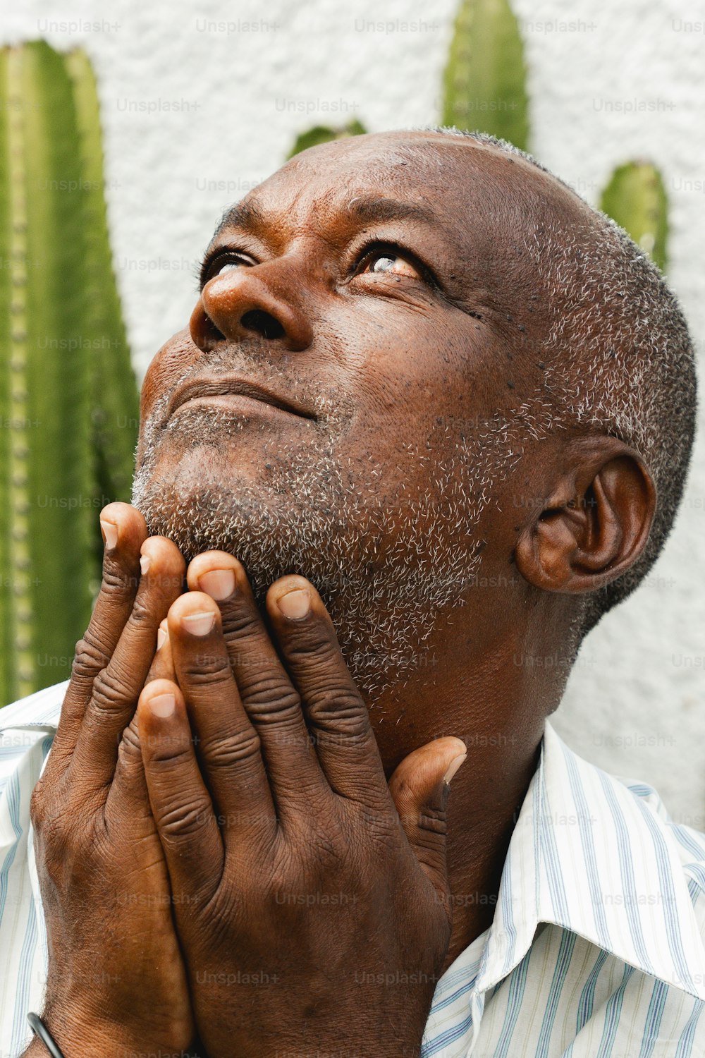a man is praying in front of a cactus