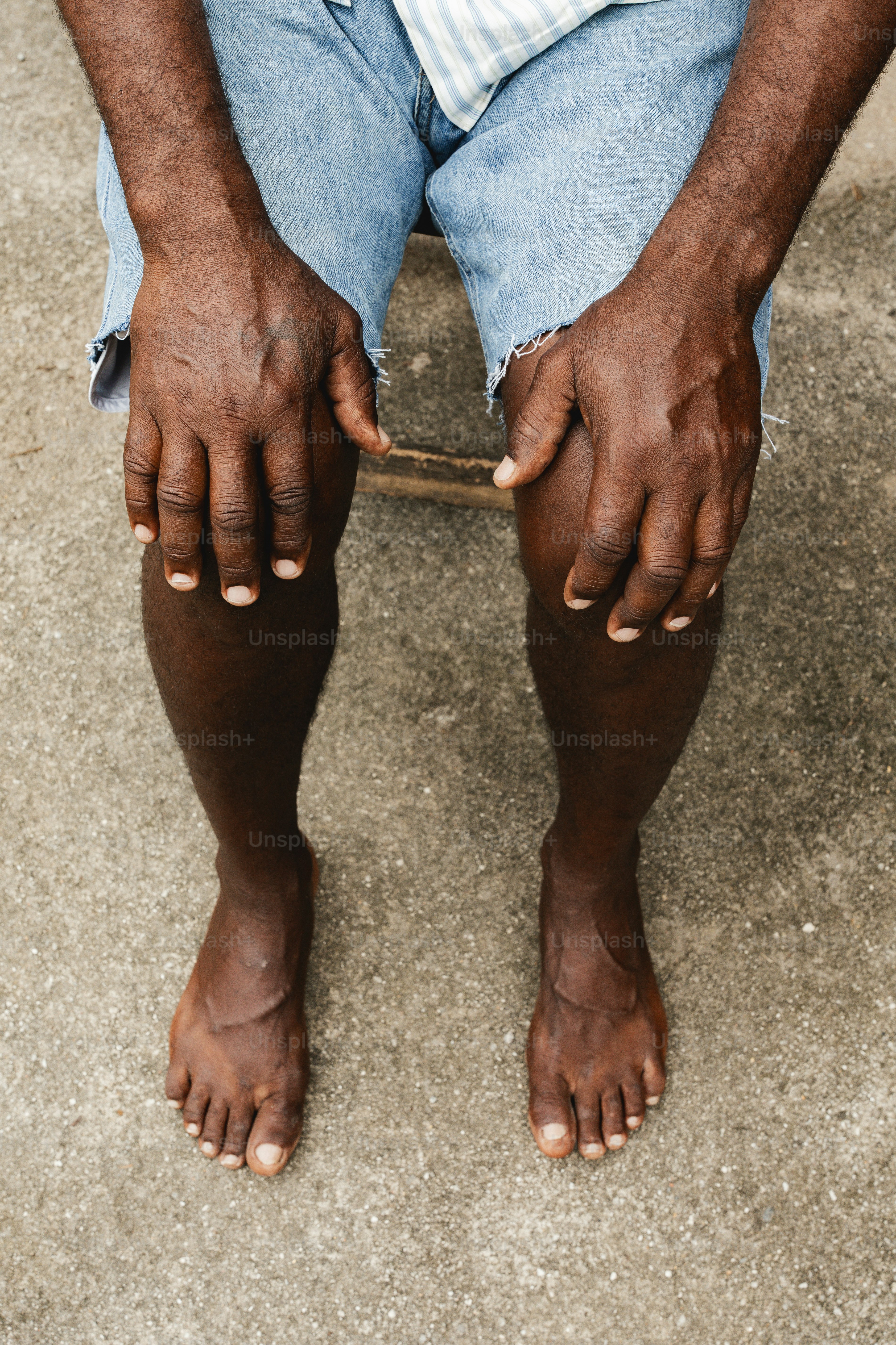 a man sitting on the ground with his hands on his knees
