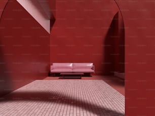 a red room with a pink couch in it