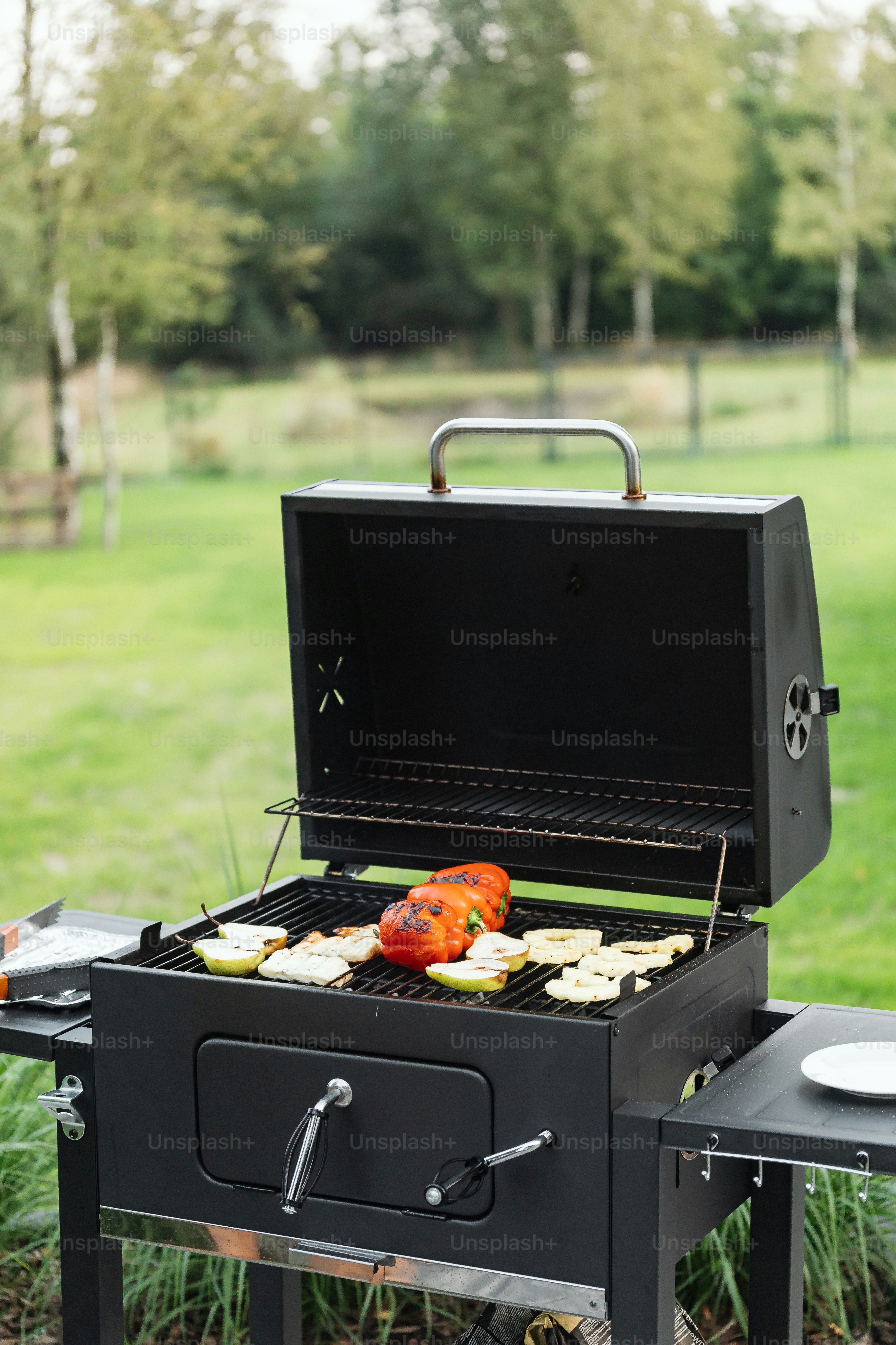 an outdoor grill with food cooking on it