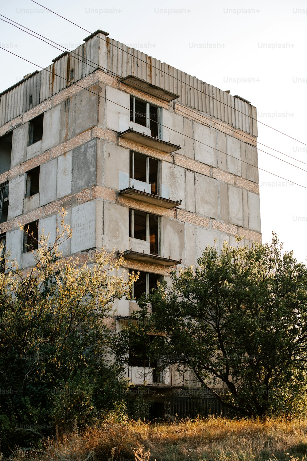 a tall building sitting next to a lush green forest