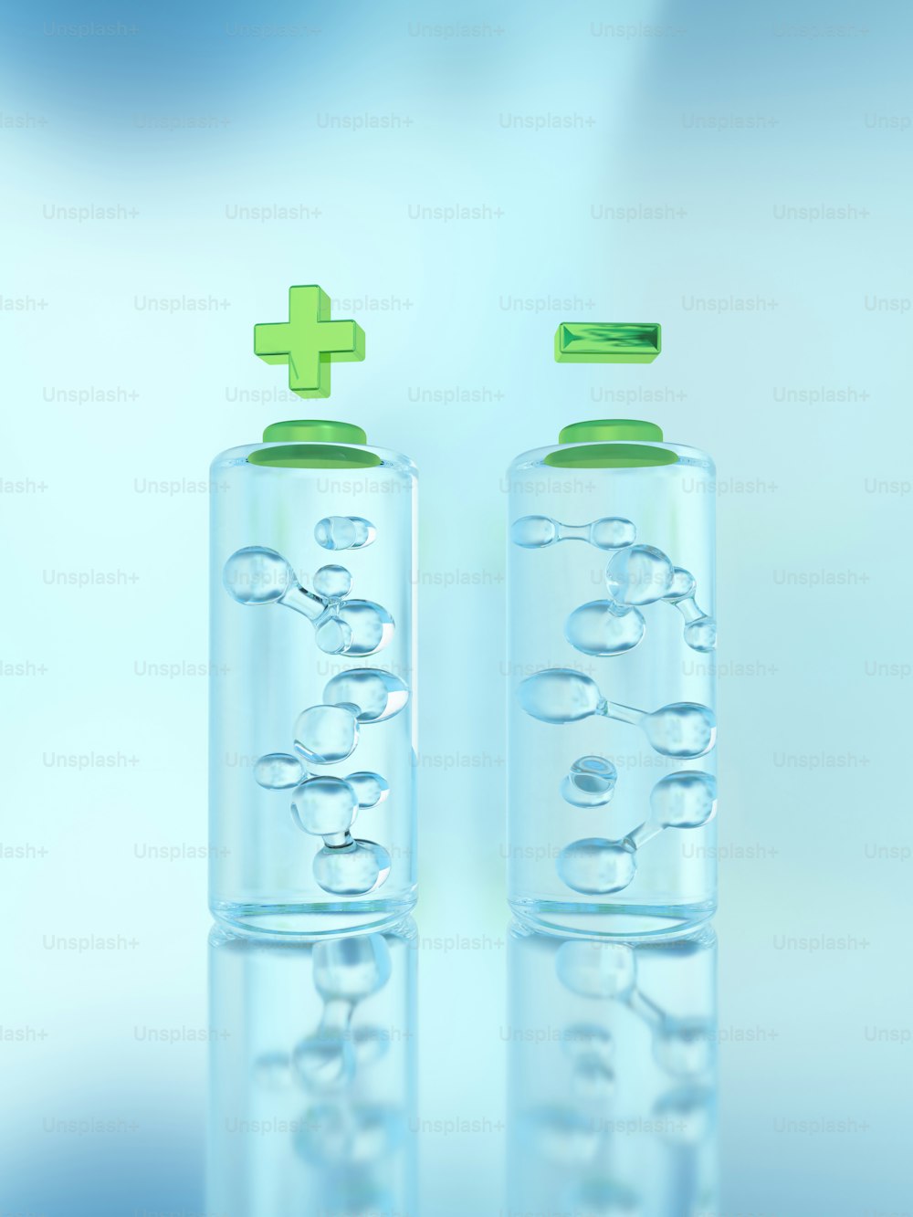 Un par de botellas llenas de agua con una cruz verde en la parte superior