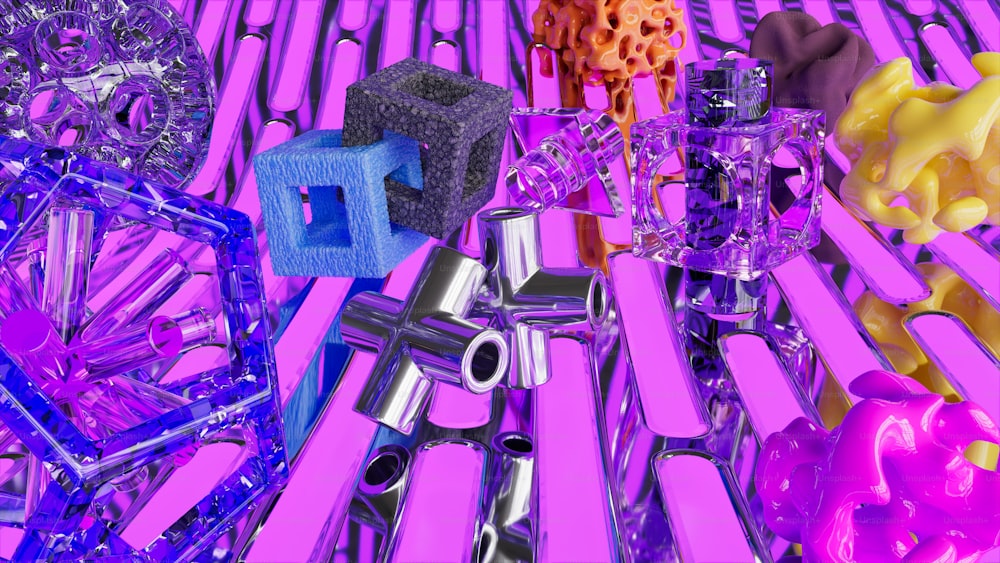 a group of colorful objects sitting on top of a purple surface