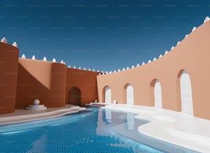 Un rendering 3D di una piscina con archi