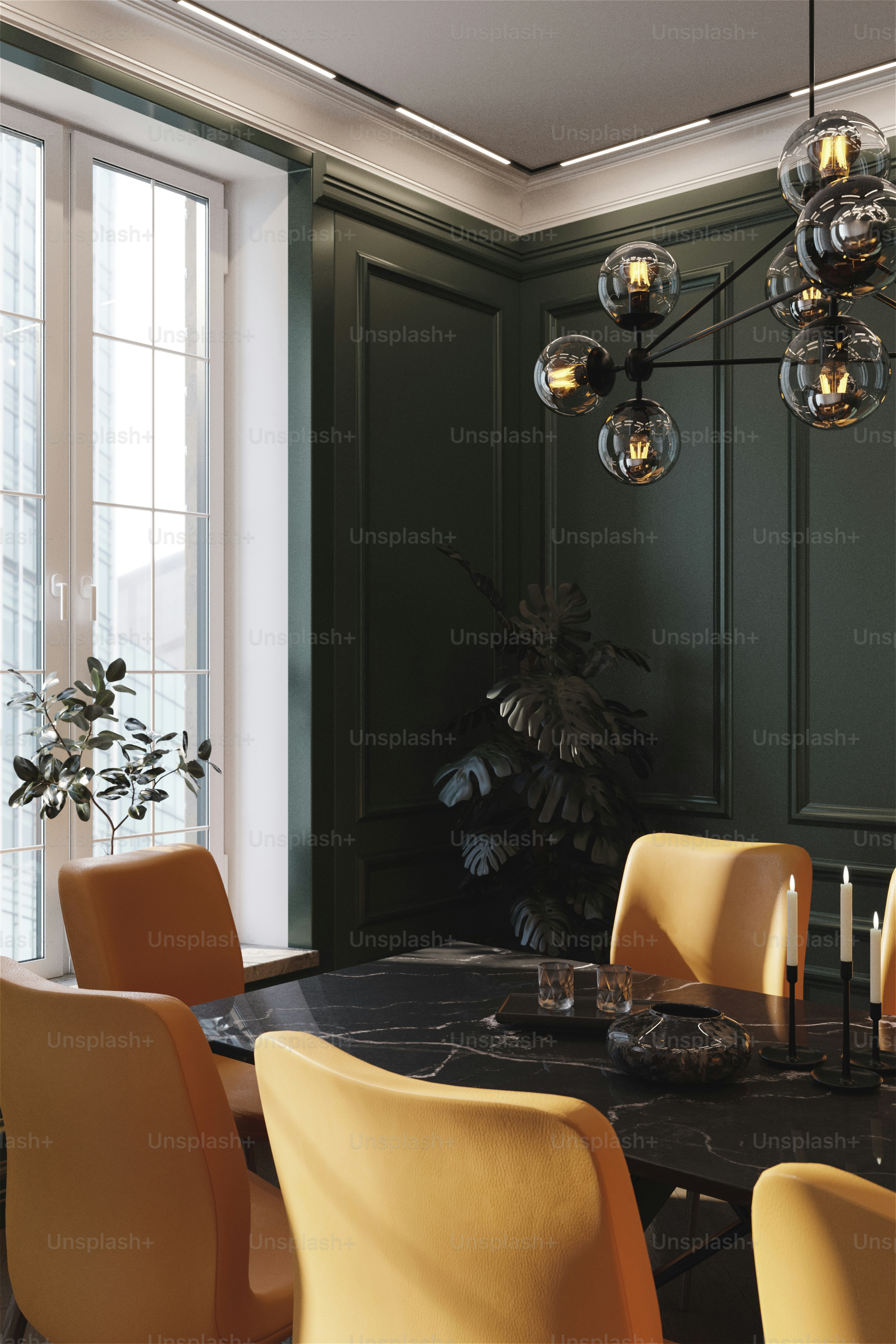 A dining room table with yellow chairs and a chandelier photo Dining