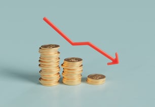 a stack of coins with a red arrow going up