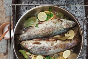 two fish in a pan with lemons and herbs