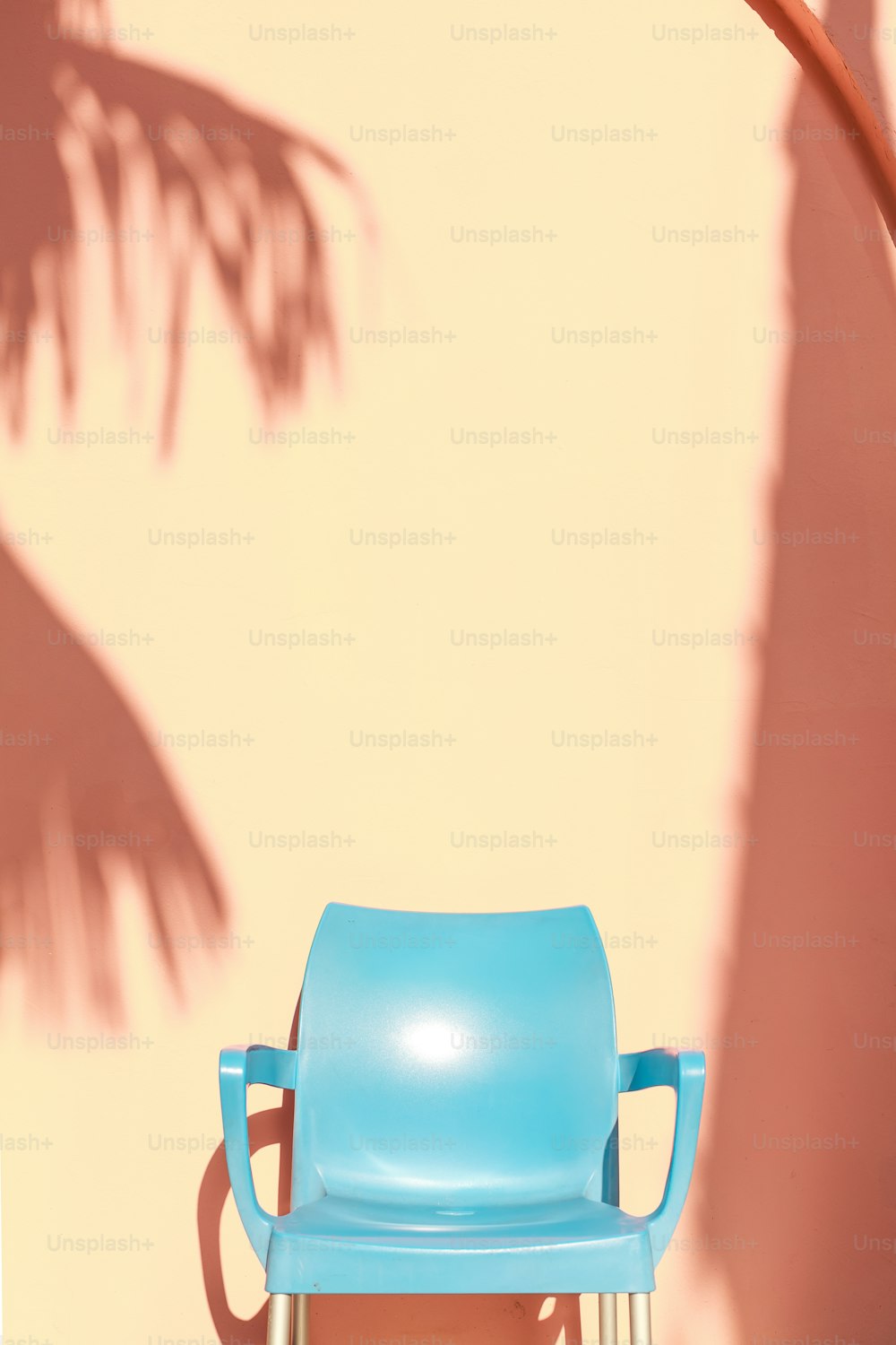 a blue chair sitting in front of a palm tree