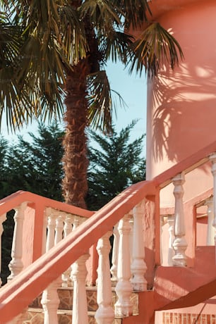 a large palm tree sitting next to a pink building