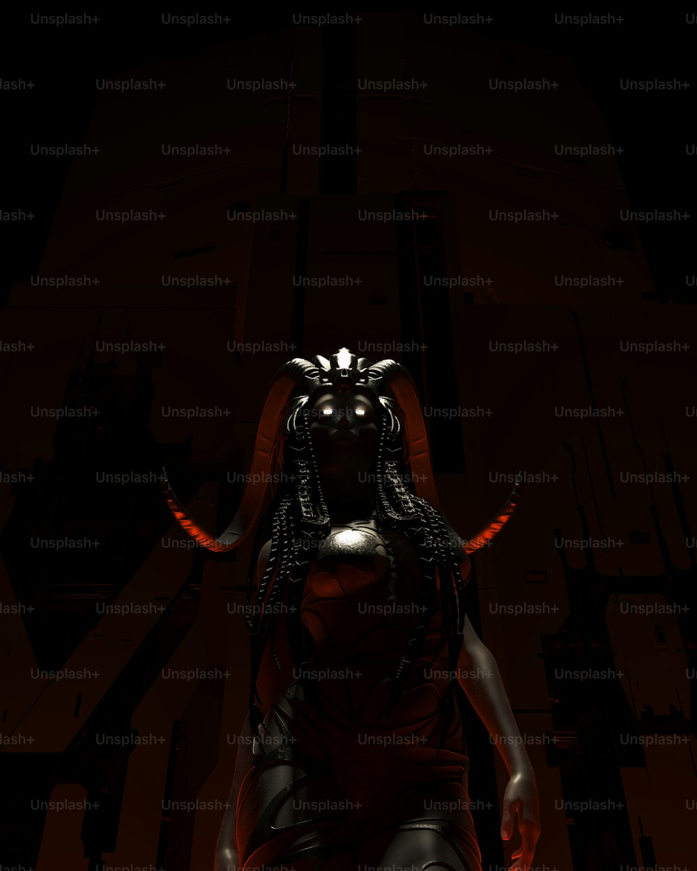 a woman in a dark room with horns on her head