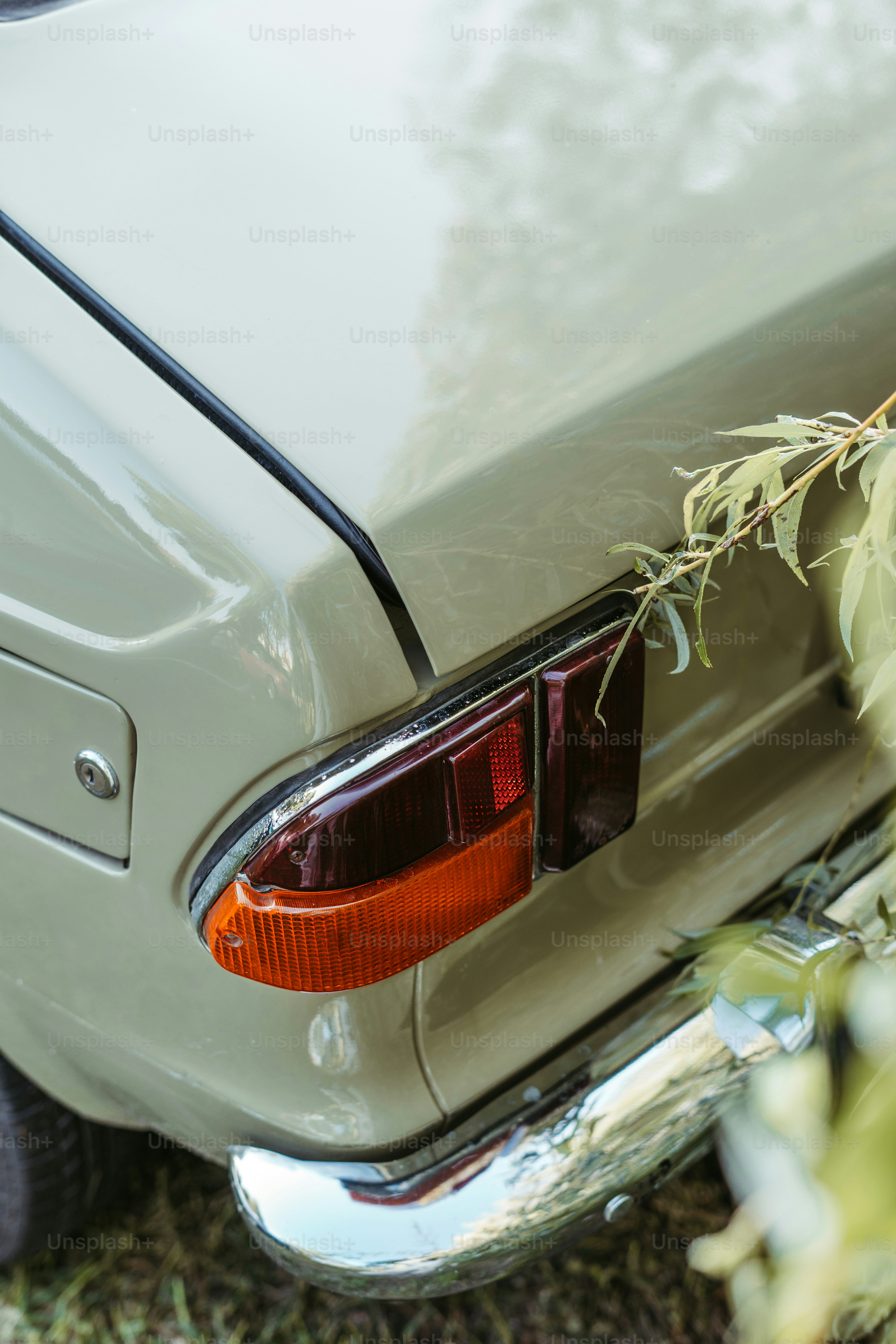 Nahaufnahme eines Autos, das auf dem Gras geparkt ist