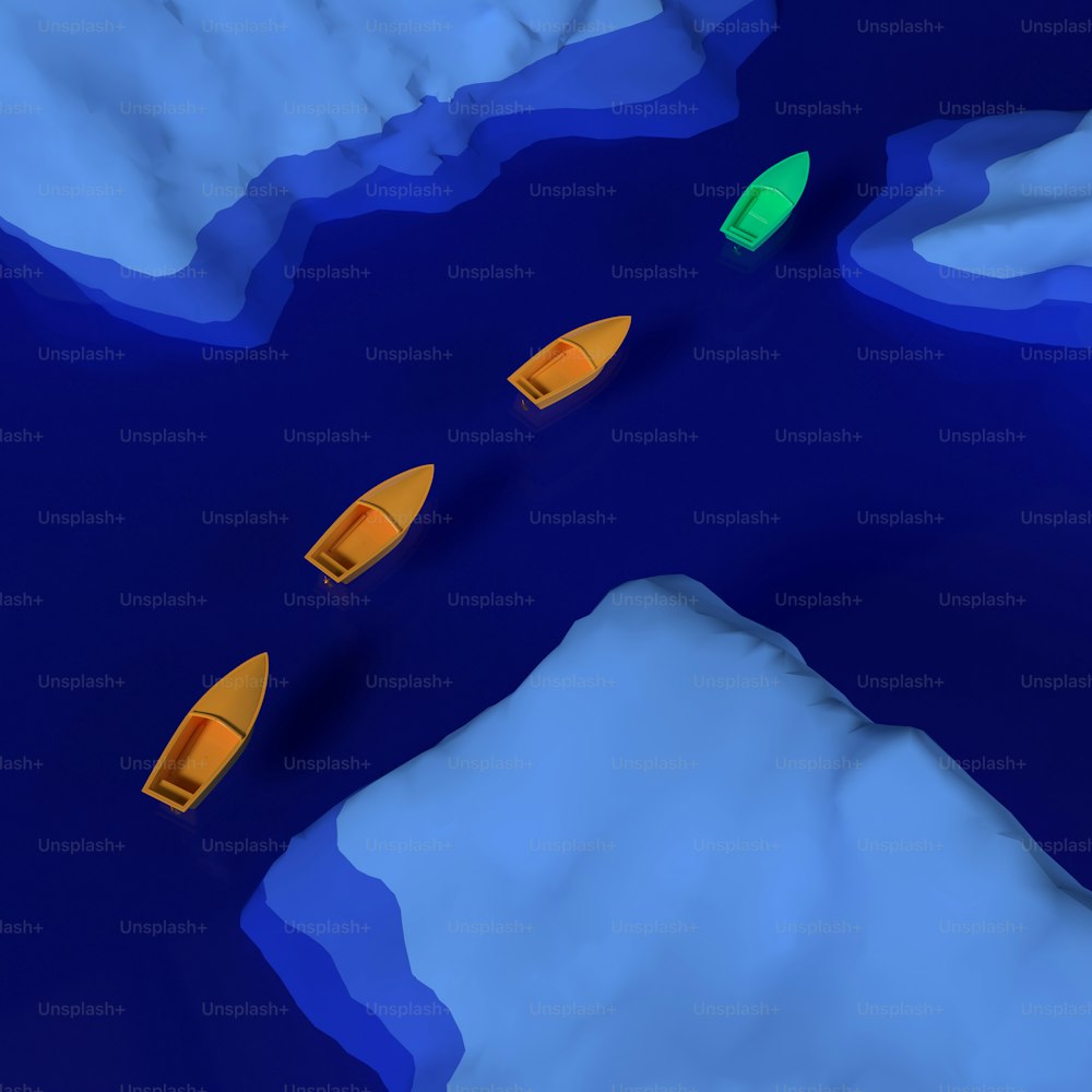 Un gruppo di barche gialle che galleggiano sulla cima di uno specchio d'acqua