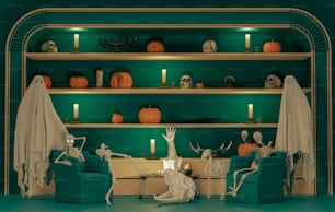 uma sala de estar cheia de móveis e decorações de halloween