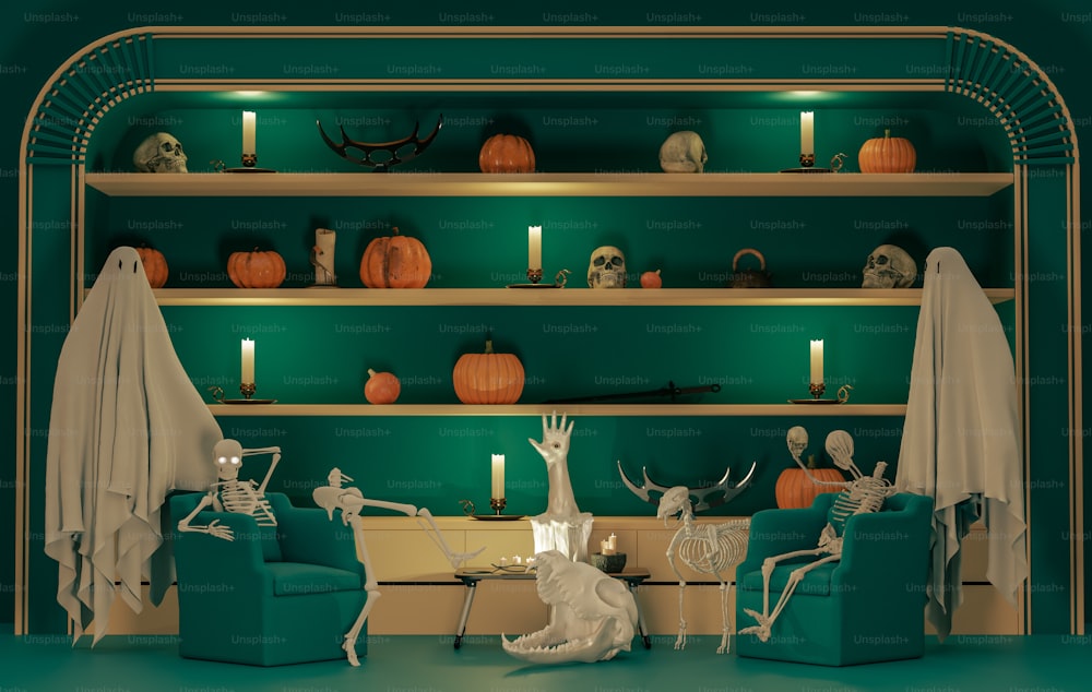 Ein Wohnzimmer voller Möbel und Halloween-Dekorationen