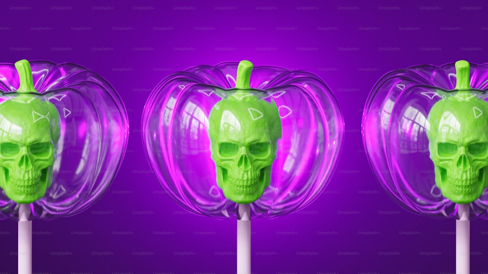 a green apple with a skull on top of it