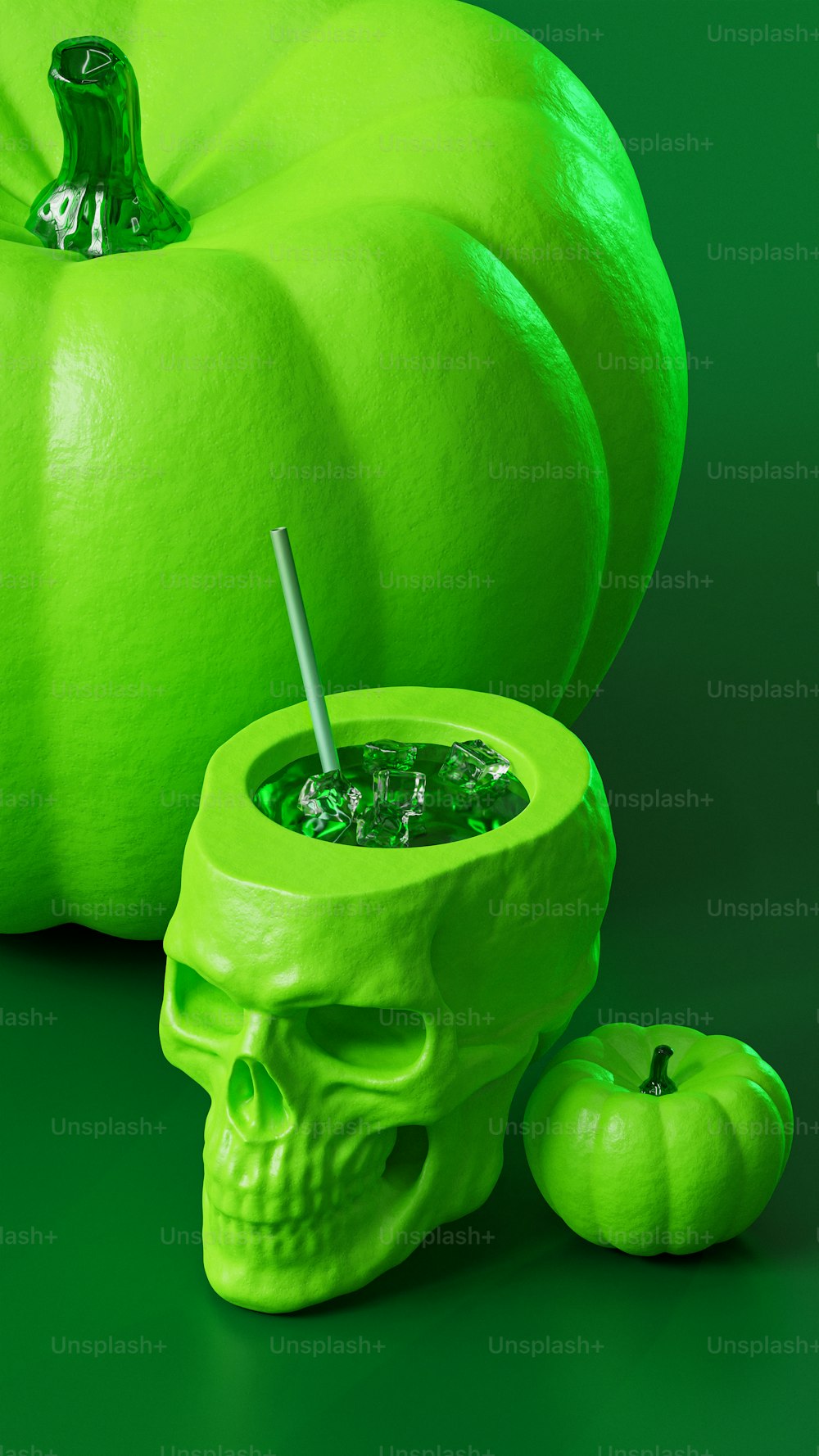 a green skull cup with a straw in it next to a green pumpkin