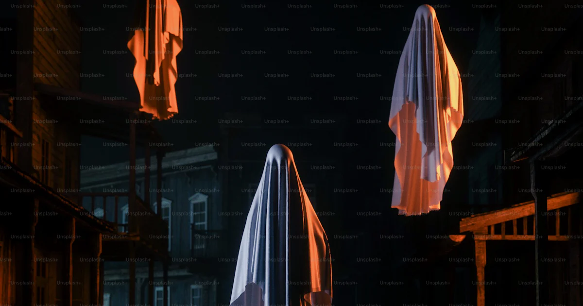 A couple of ghost statues in the middle of a field photo – Creepy Image ...