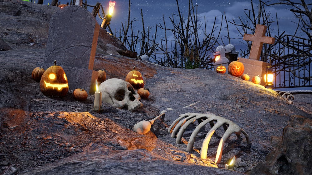 a halloween scene with a skeleton and pumpkins