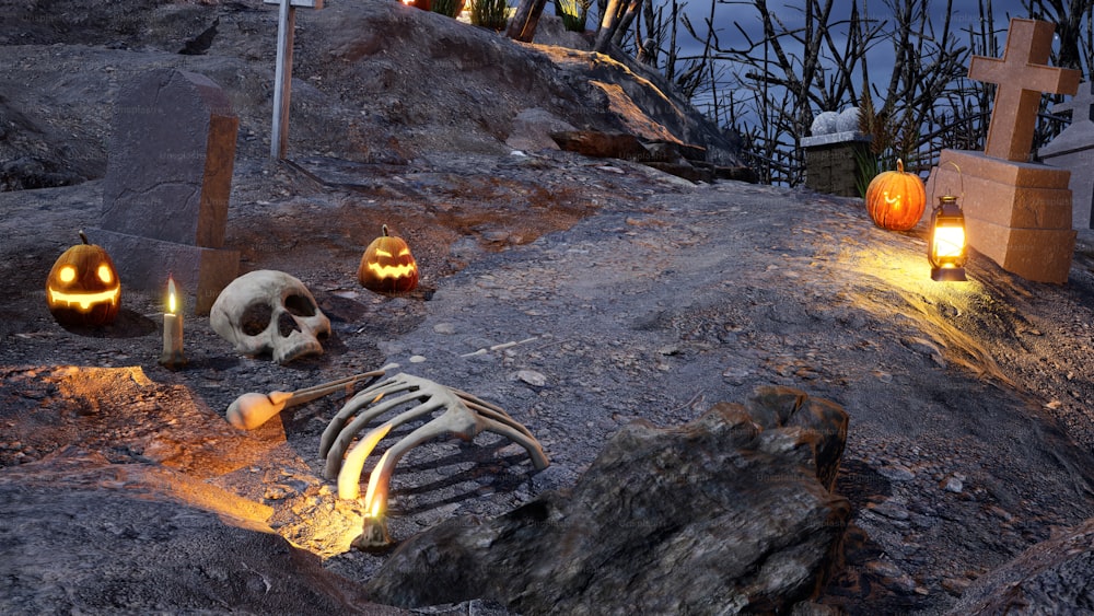 un cimetière avec des citrouilles sculptées et des squelettes sculptés