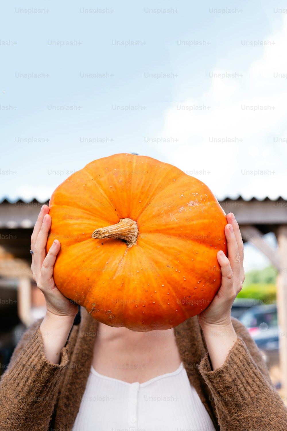 a woman holding a large pumpkin in front of her face