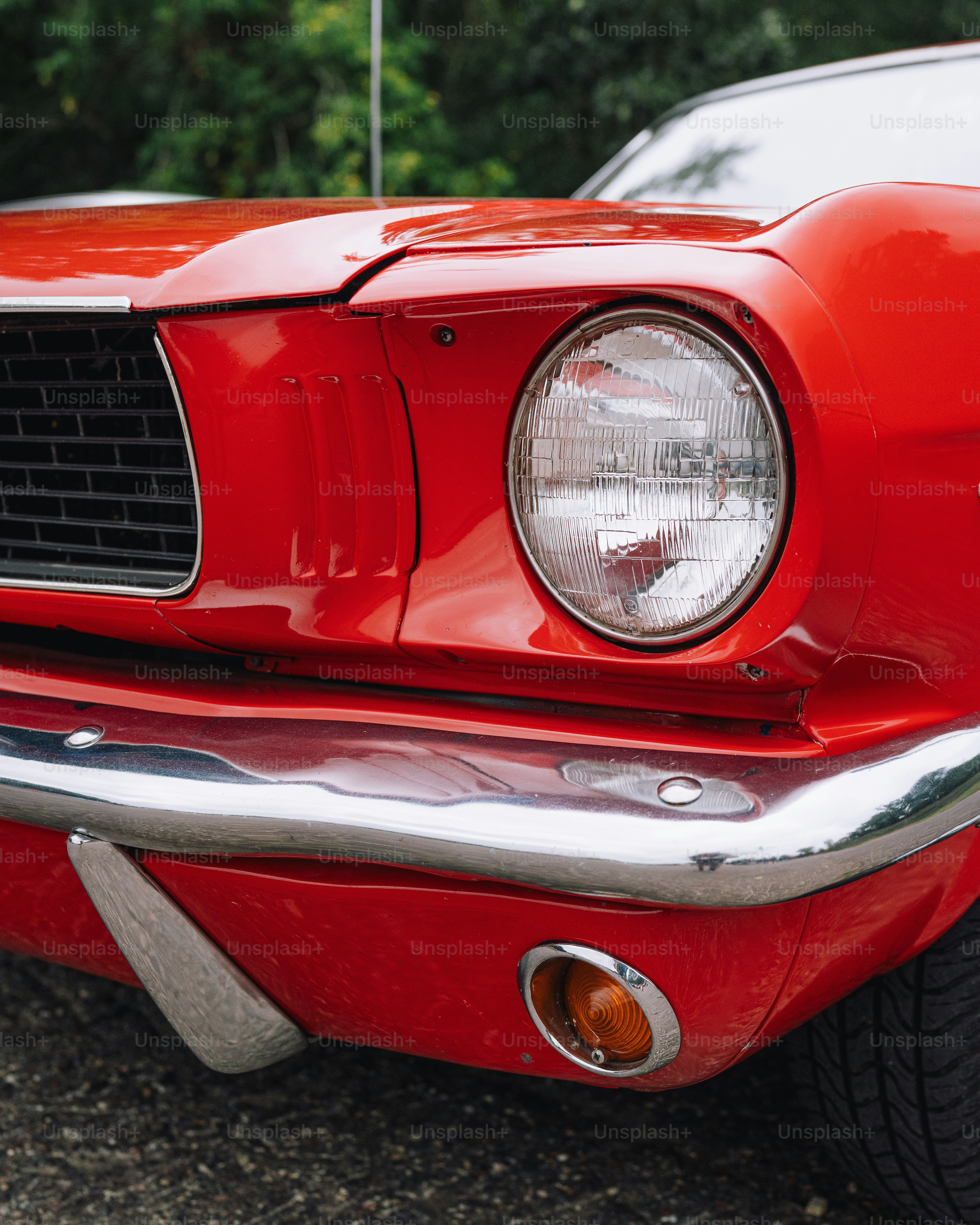 Gros plan de l’avant d’une Mustang rouge
