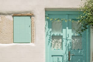 une porte bleue avec une fenêtre et une plante