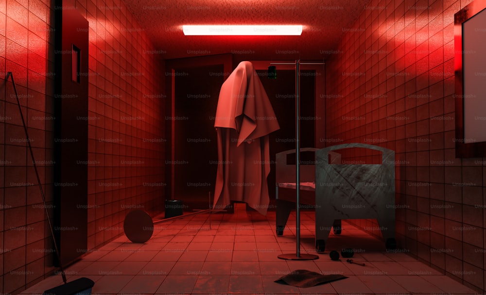 a dimly lit bathroom with a red light