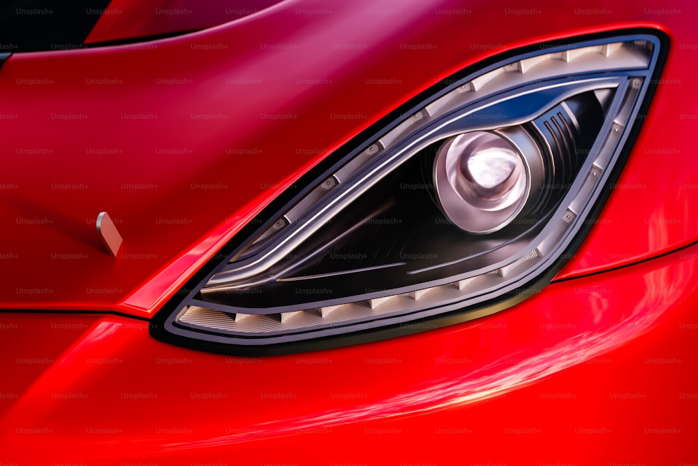 a close up of a red sports car's headlight