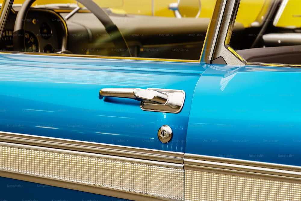 a close up of a blue car door handle