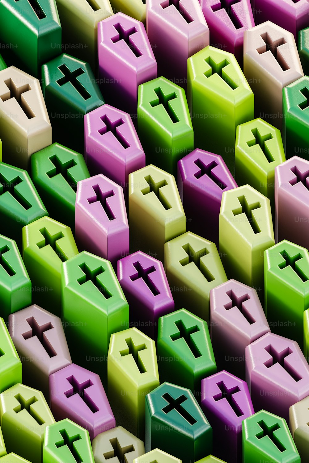 eine Gruppe von mehrfarbigen Objekten mit Kreuzen darauf
