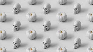 a group of skulls and pumpkins on a white surface