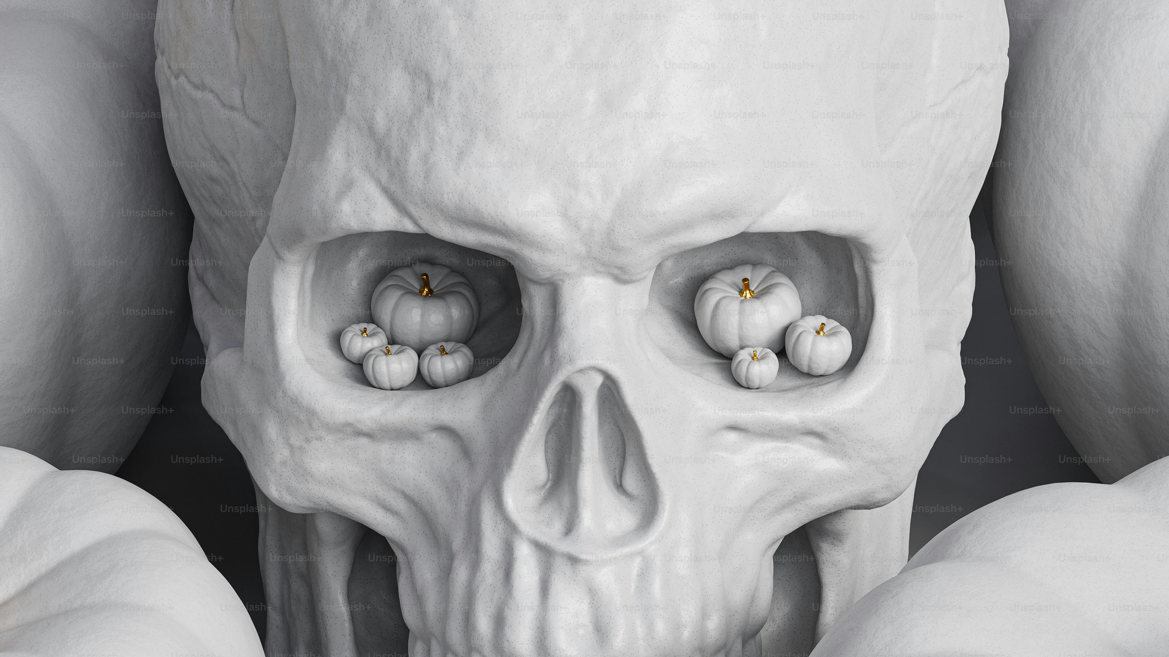 A white skull with three pumpkins on it photo – Background Image on ...