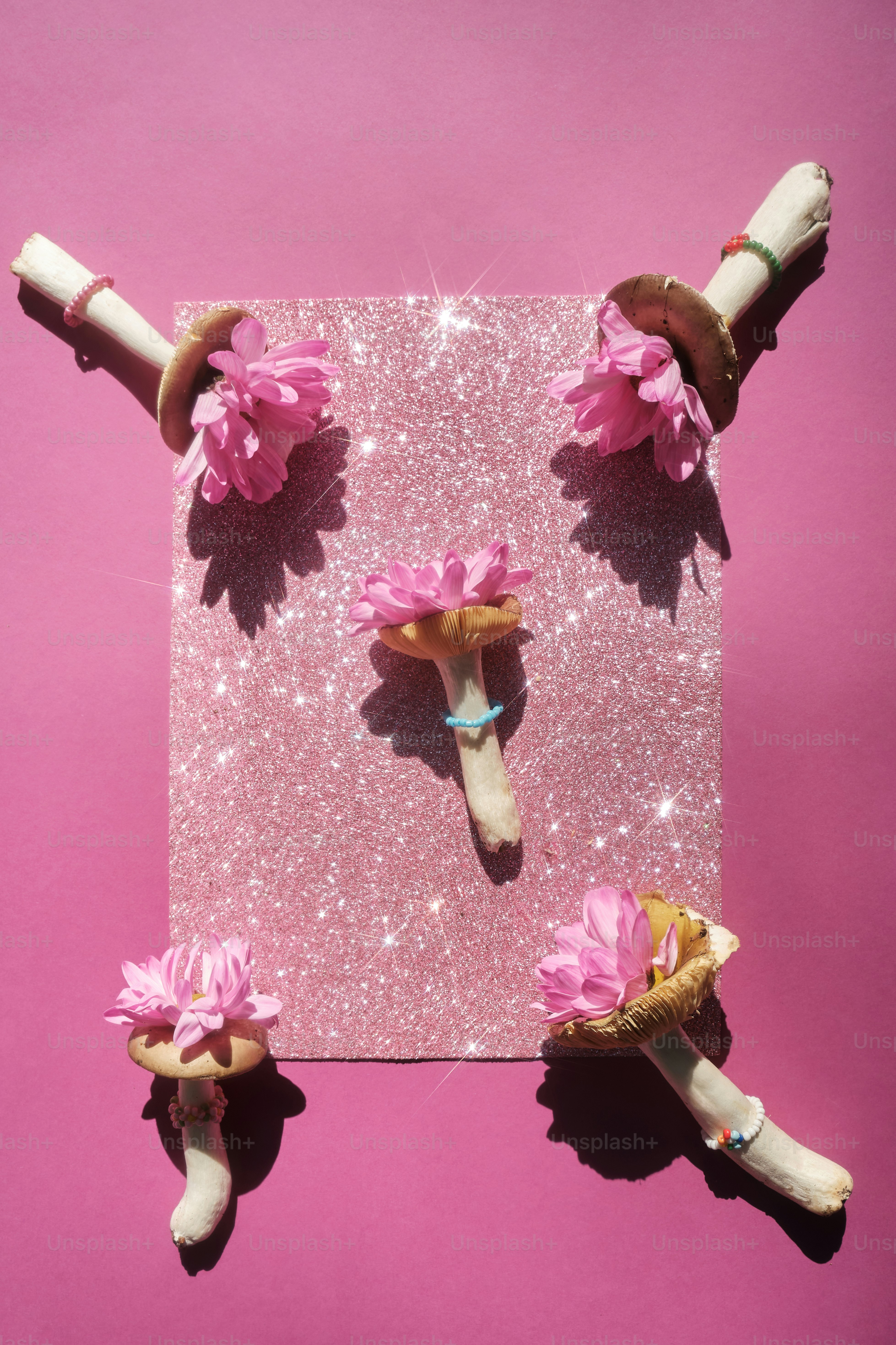 a pair of shoes and flowers on a pink background