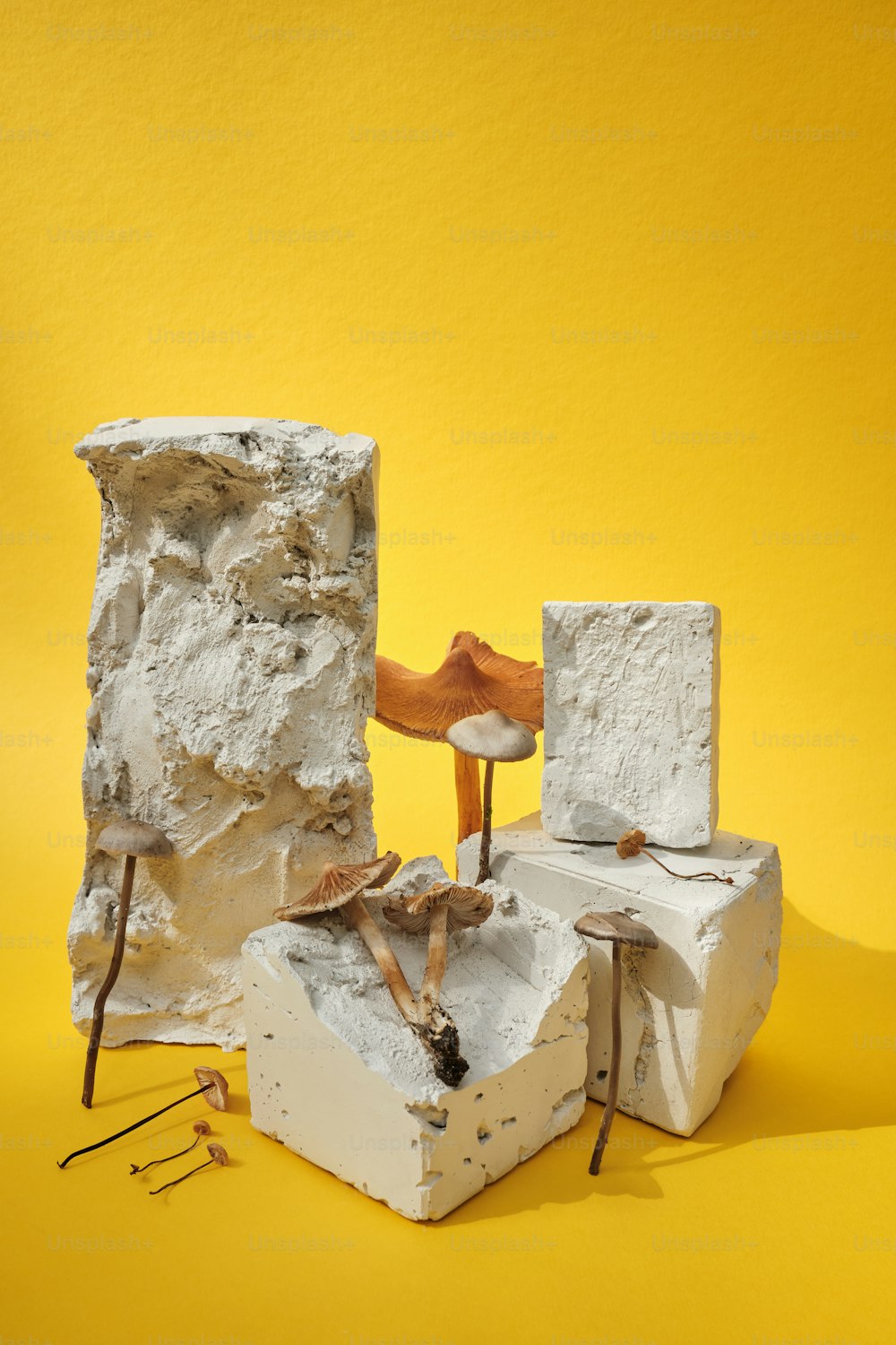 a chair sitting on top of a pile of rocks