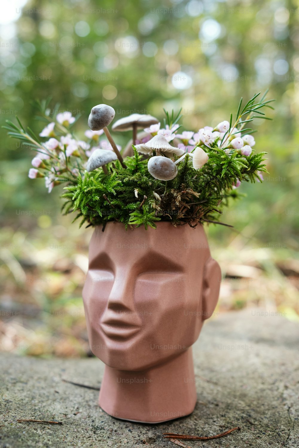 a clay head with a planter on top of it