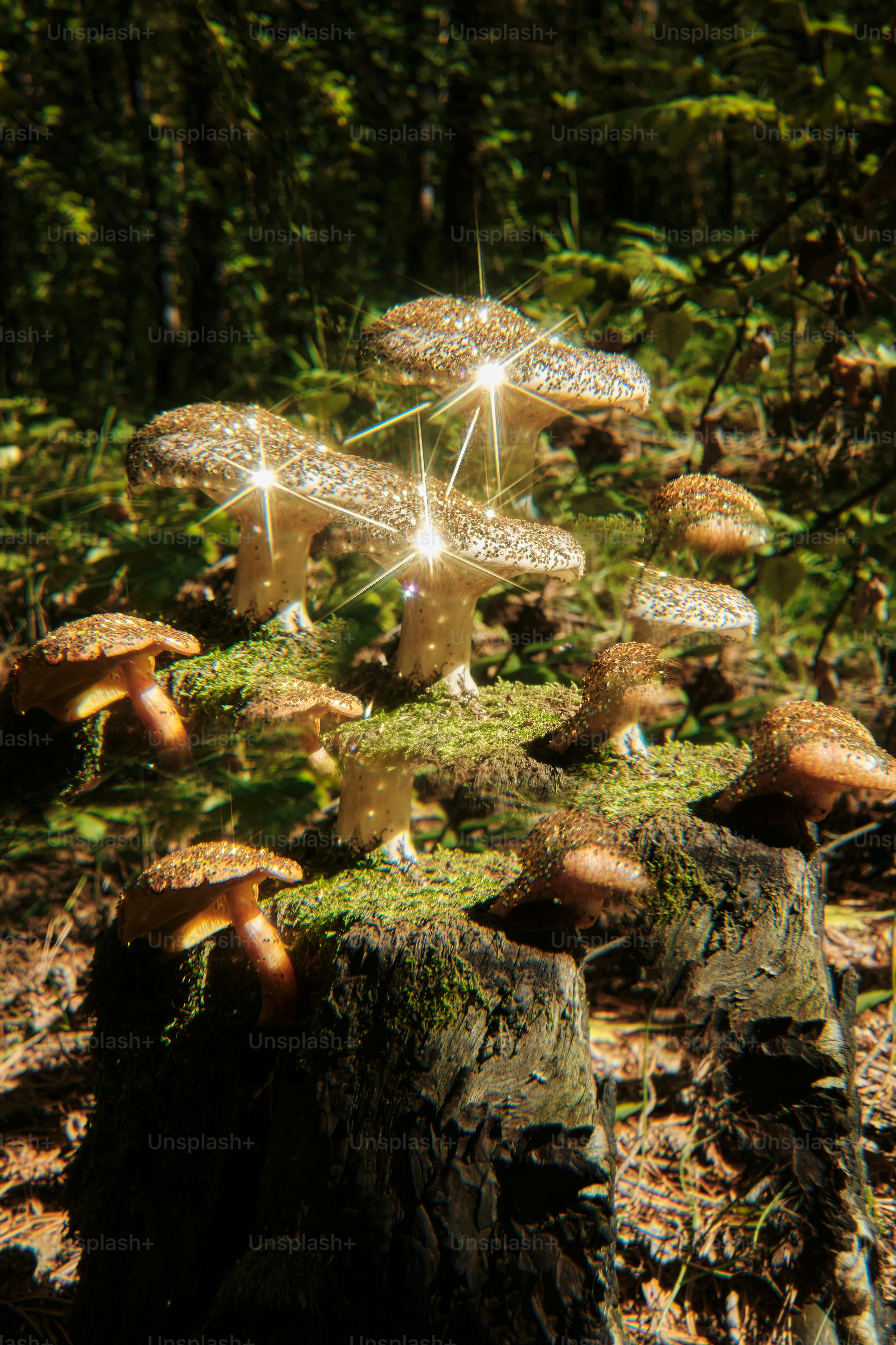 a group of mushrooms sitting on top of a forest floor